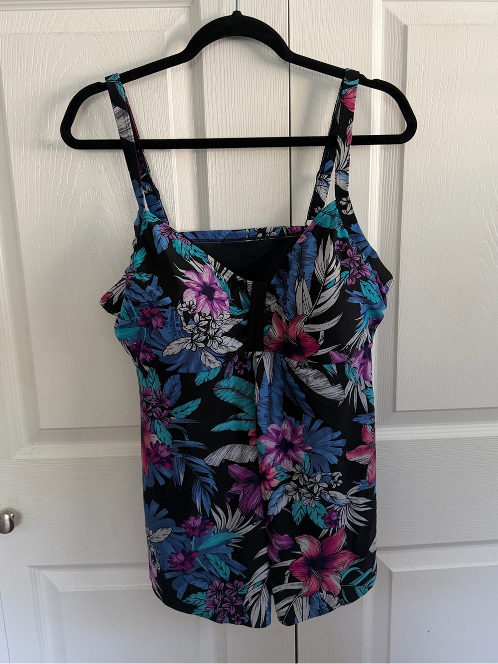 croft & barrow Black Floral Swim Cami with Teal & Pink Accents